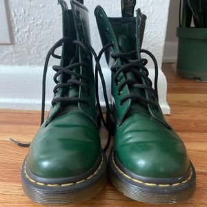 Lightly worn Green Doc Martens smooth leather lace up boots
